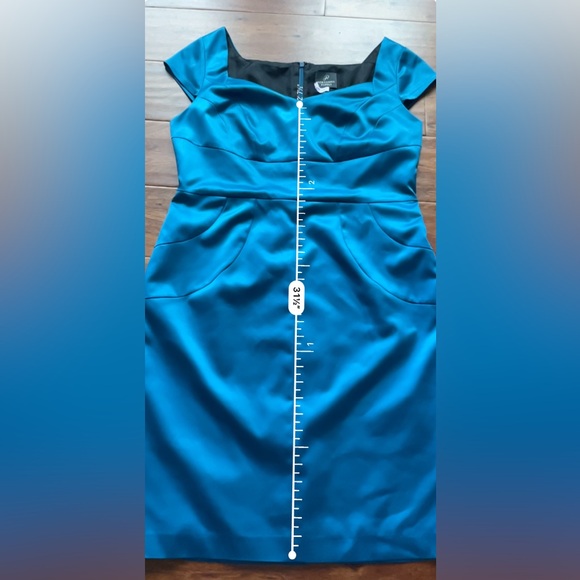 Adrianna Papell Women's Size 14 Blue Satin Sheath Midi Dress Cap Sleeve - Picture 7 of 9